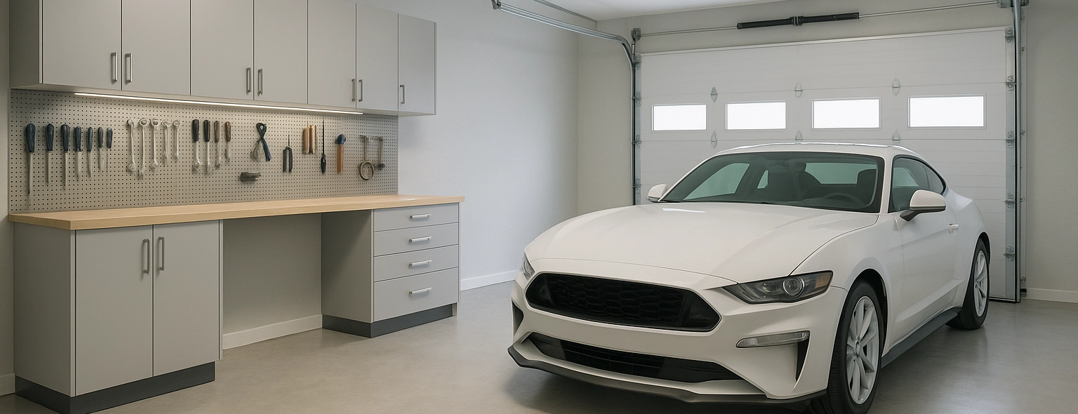 hvit bil i garasje med lys og innredning